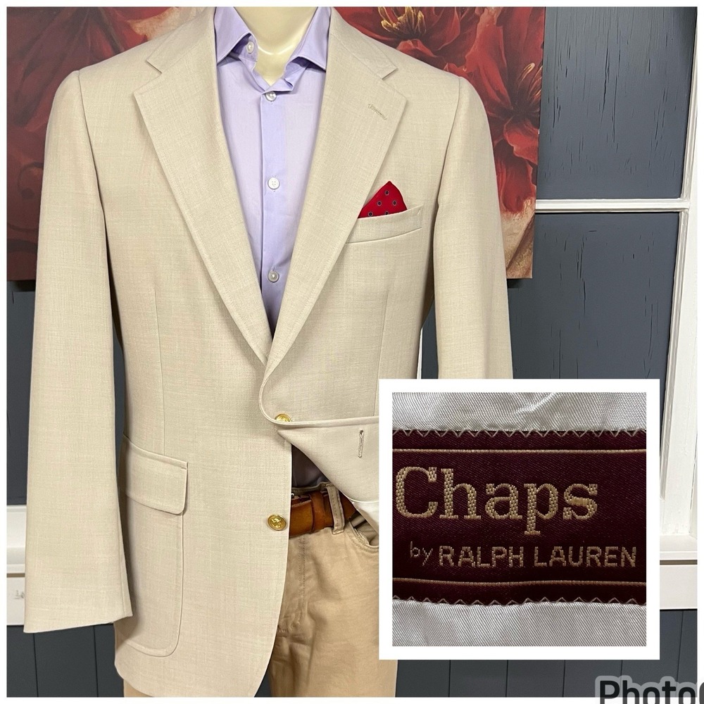 Vintage Chaps Ralph Lauren Hopsack Blazer Mens 43L Long Wool Polyester Beige